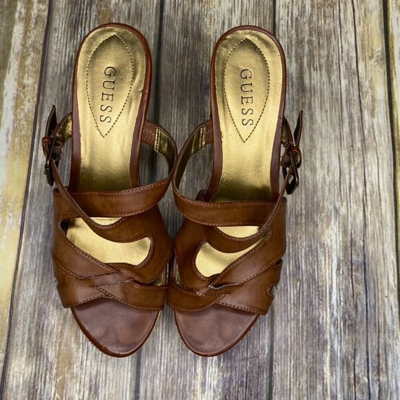 GUESS Tan Vegan Leather Cork Wedge Platform Heel Womens size 8.5 M - Picture 6 of 7